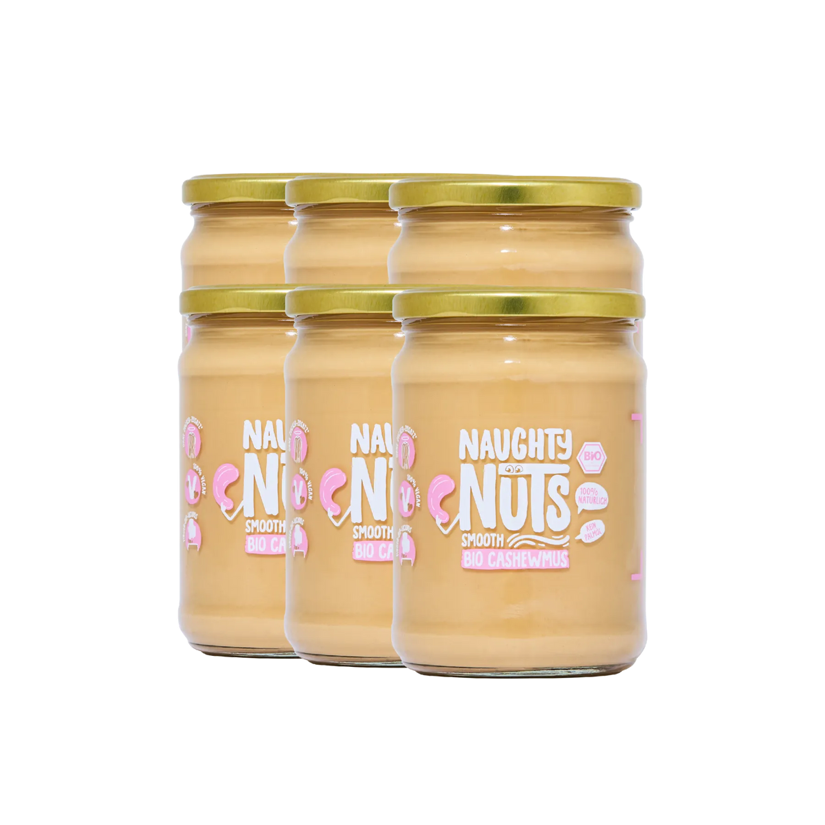 Sechs Gläser Bio Cashewmus Smooth in zwei Reihen angeordnet