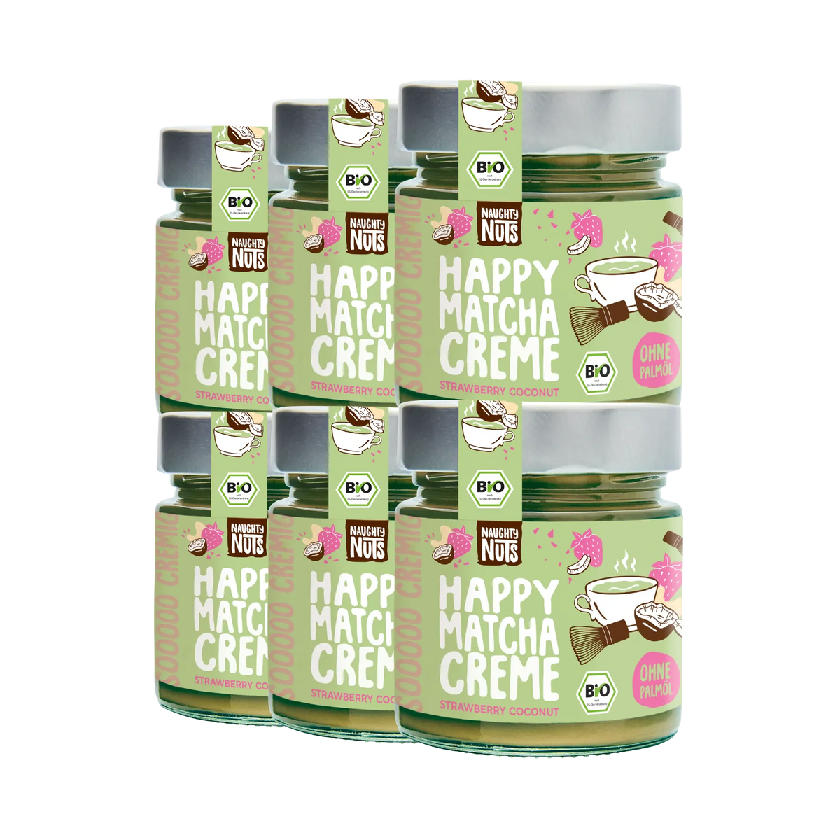 Sechs Gläser Happy Matcha Creme mit Erdbeer-Kokosnuss-Geschmack, Bio-zertifiziert und ohne Palmöl