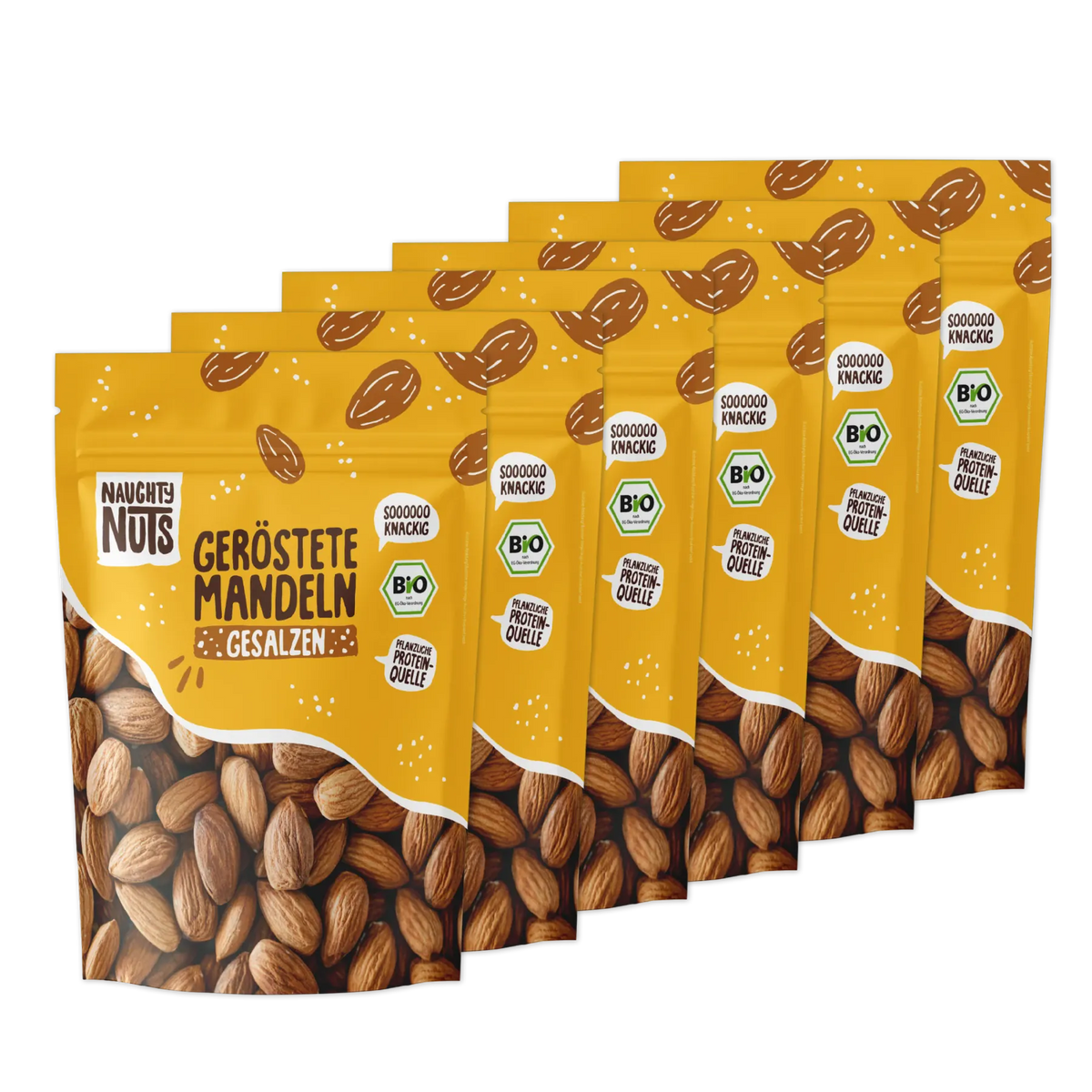 Sechs Packungen geröstete Mandeln gesalzen von Naughty Nuts