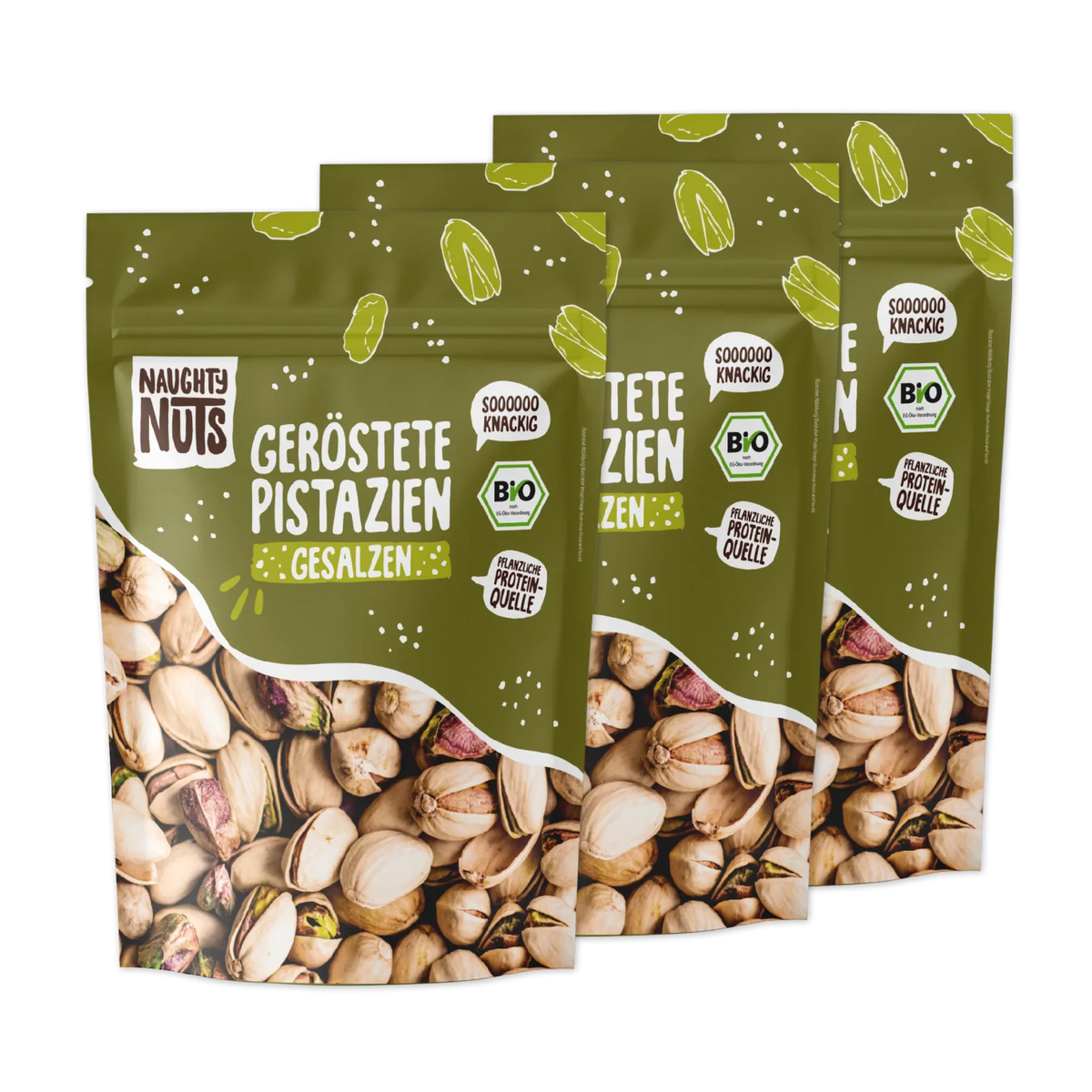 Drei Packungen Naughty Nuts geröstete Pistazien gesalzen
