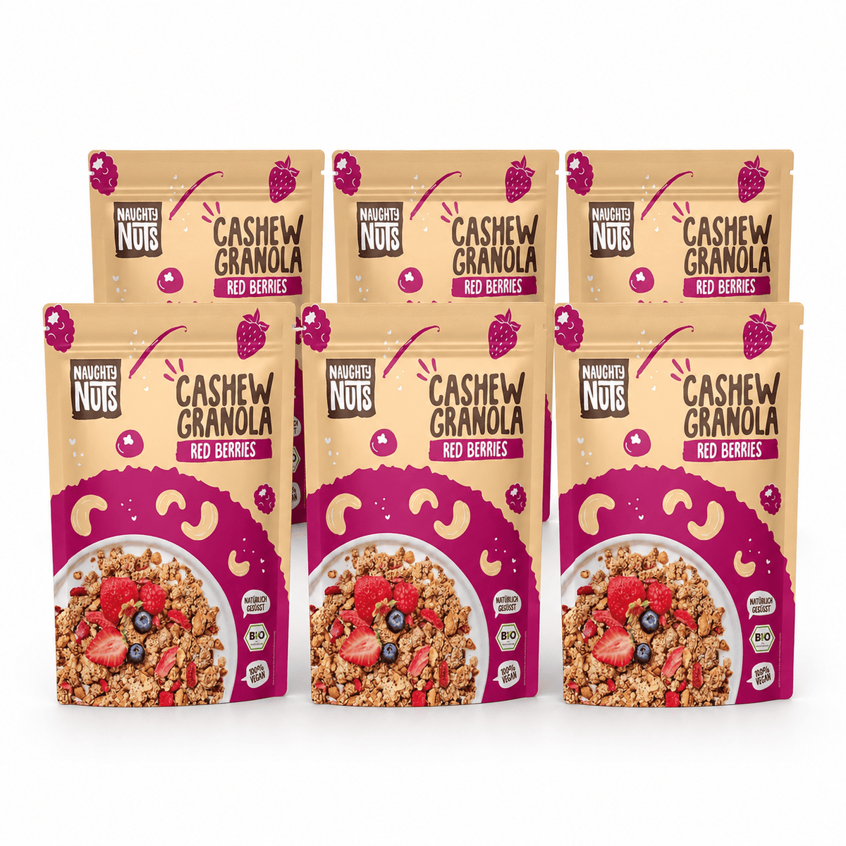 Sechs Packungen Bio Cashew Granola Red Berries mit Schalen voller Müsli und Beeren
