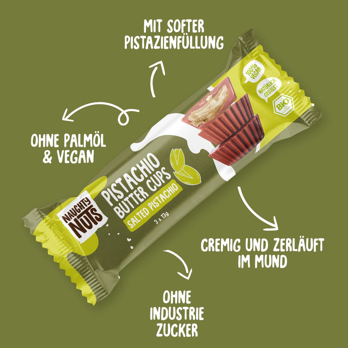 Naughty Nuts Pistachio Butter Cups Packung mit Pistazienfüllung, ohne Palmöl, vegan, ohne Industriezucker